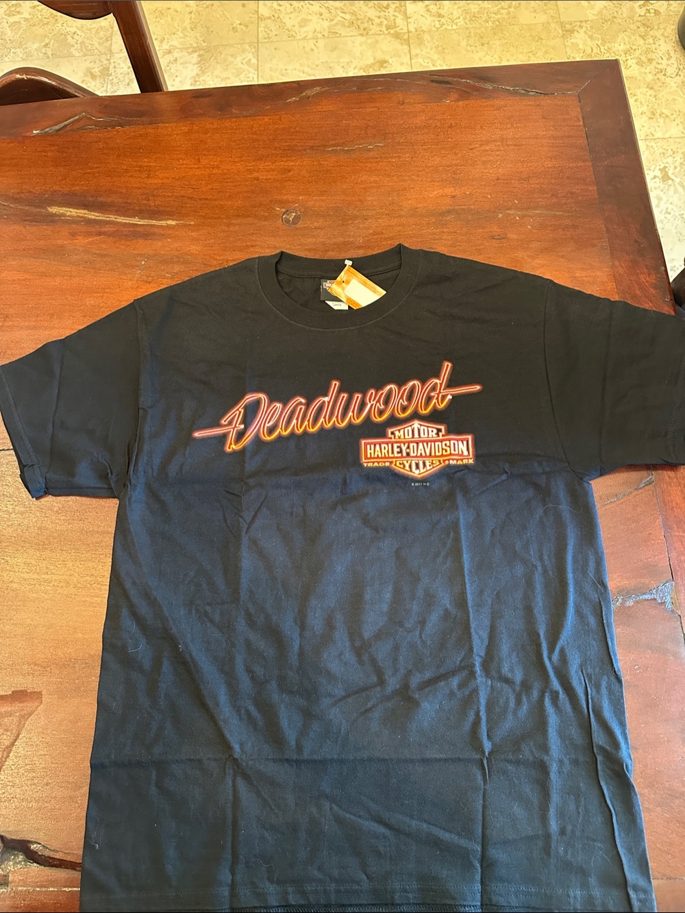 Vintage Harley-Davidson Black Tee with Red-Orange Deadwood Script
